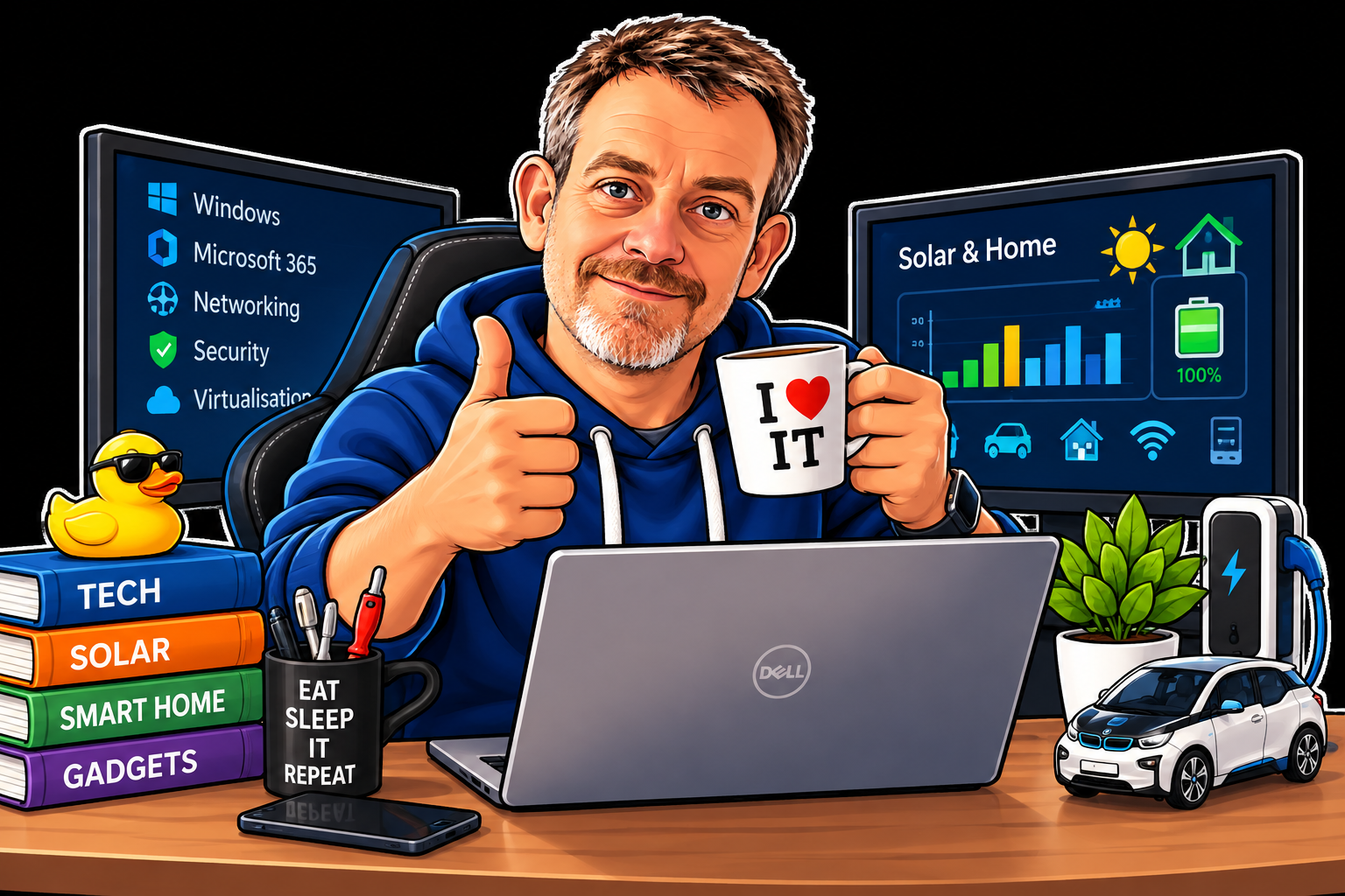 Phill as a cheerful cartoon IT enthusiast, surrounded by tech and solar gadgets